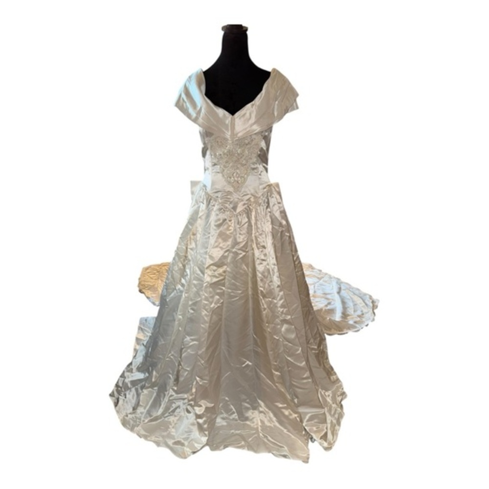 VTG DREAMY JESSICA MCCLINTOCK WEDDING GOWN SATIN REMOVABLE TRAINw/ACENT BOW sz10 - Picture 8 of 16